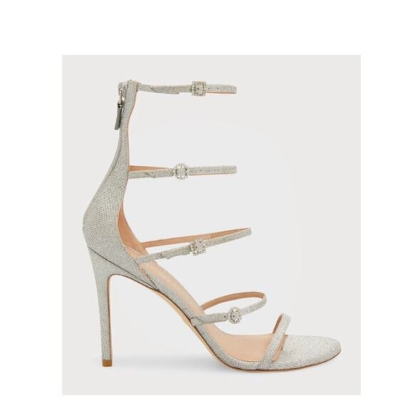 NIB Stuart Weitzman Nudist 8.5 Crystal Buckle Sandals 100mm Silver Glitter $625 - Picture 4 of 14